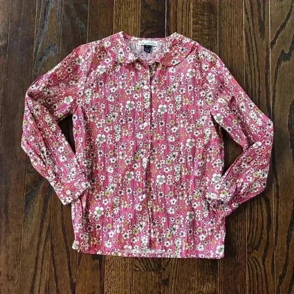 Oscar de la Renta Girls 4/4T Pink Floral 100% Cotton Button-Down Blouse - EUC!!